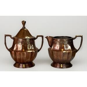 Vintage Copper Sugar Bowl & Creamer Set Ornate Design w/ Handles Antique Patina